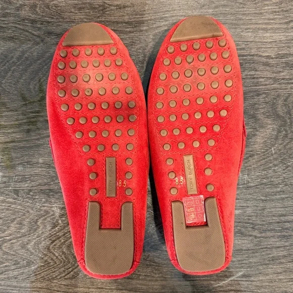 Tory Burch. Red Suede Loafers with dark blue.Gold metal Accent . Authentic - Picture 6 of 12